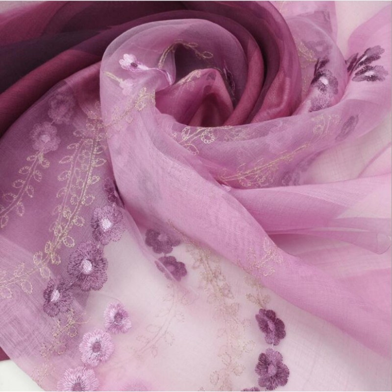 Wool Silk Scaves Purple Embroidery Women Summer Scarf